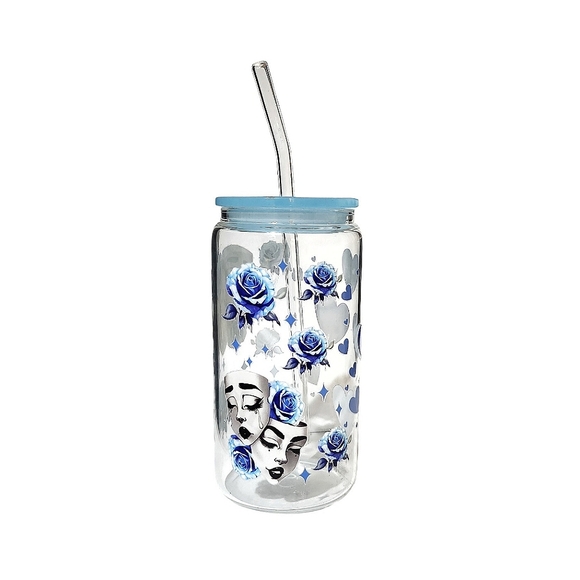 Smile Now Cry Later Roses Glass Tumbler Cup 16oz Blue - Picture 4 of 5